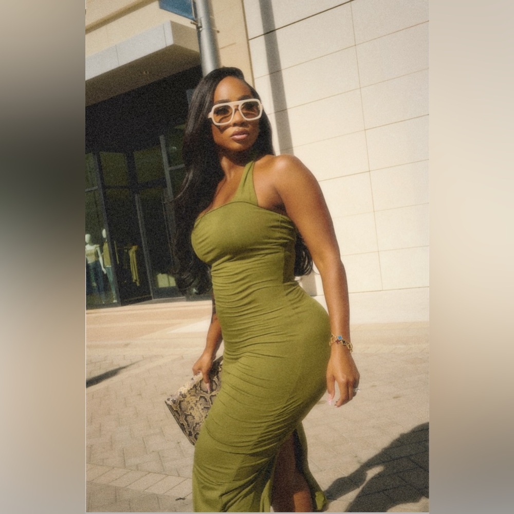 bodycon midi dress with halter strap in olive green